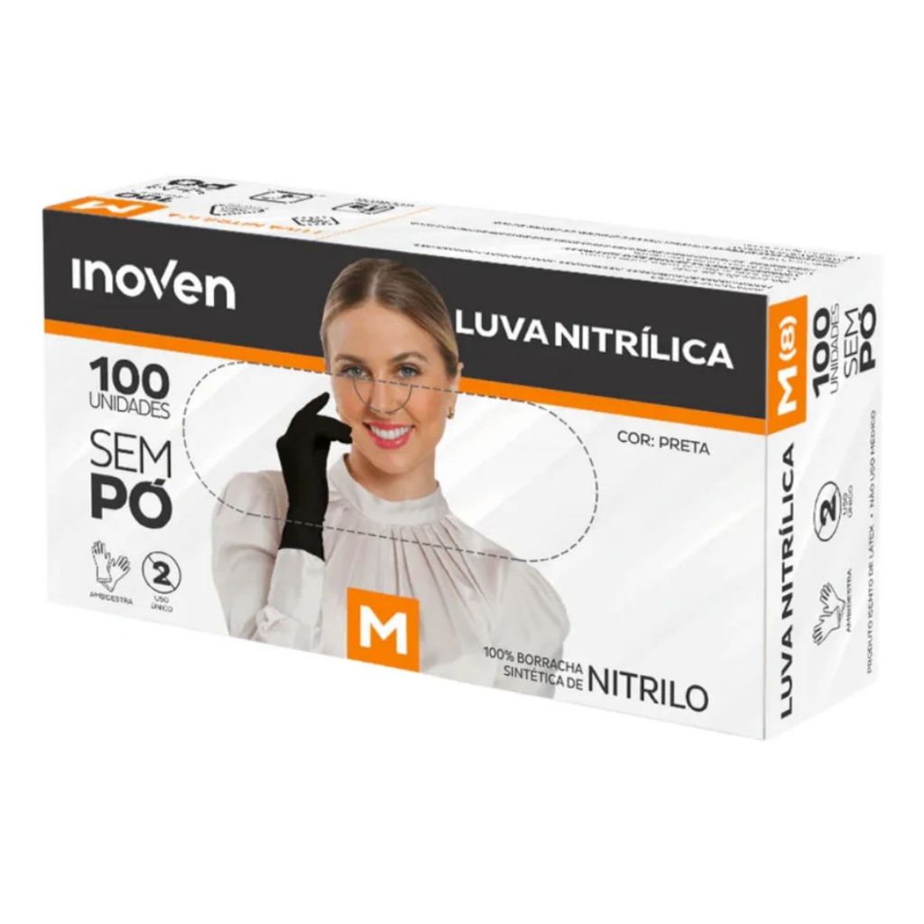 Luva Nitrílica Descartável Preta M Inoven Sem Pó 100 Unidades