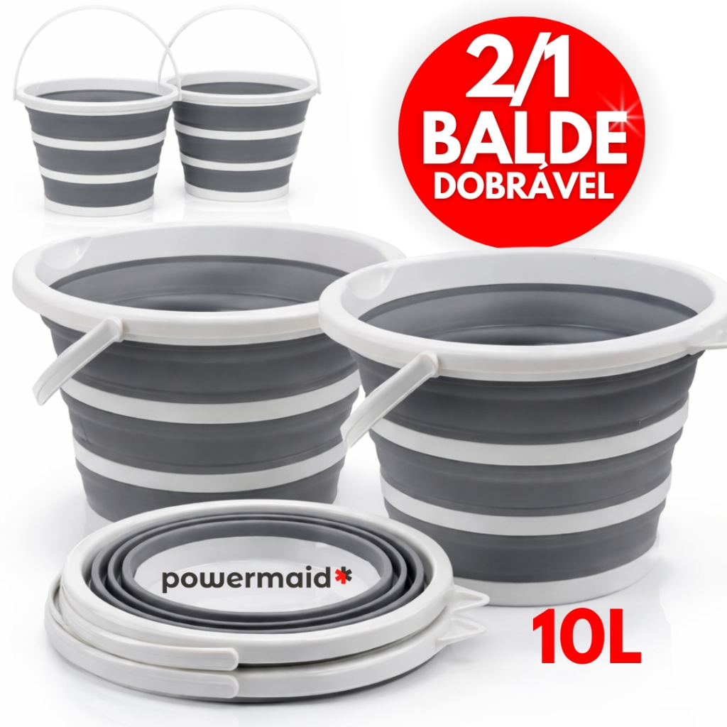 Kit 2/1 Balde Dobrável 10 Litros Retrátil Silicone Powermaid Resistênte Com Alça e Gancho em Oferta na Shopee