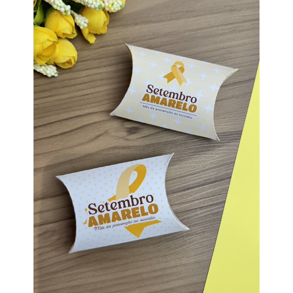 Caixa Travesseiro Setembro Amarelo para Bala Brinco Chiclete Lembrancinha de Concientização Setembro Amarelo