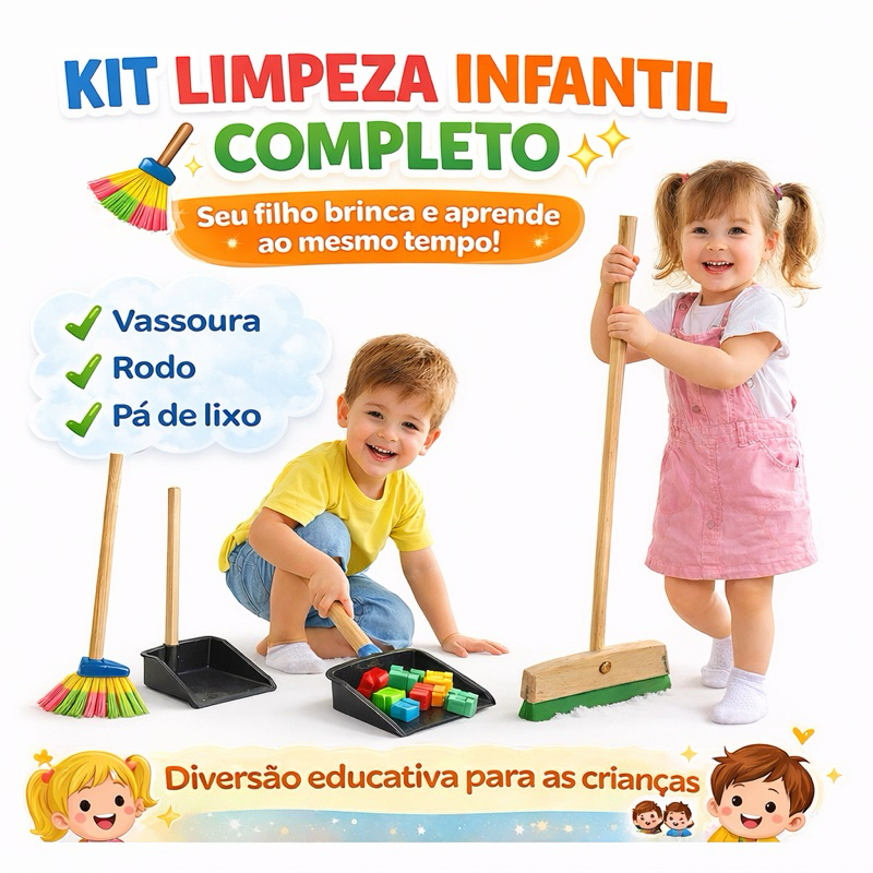 Kit Limpeza Infantil Brinquedo Educativo Vassoura Rodo Pá de Lixo Faz de Conta Criança Inmetro