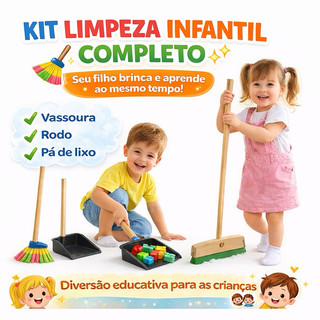 Kit Limpeza Infantil Brinquedo Educativo Vassoura Rodo Pá de Lixo Faz de Conta Criança Inmetro