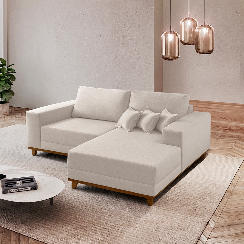 Sofá 3 Lugares Cronos Linho 185cm Chaise  3 Almofadas Lado Direito Meu Sofá Online