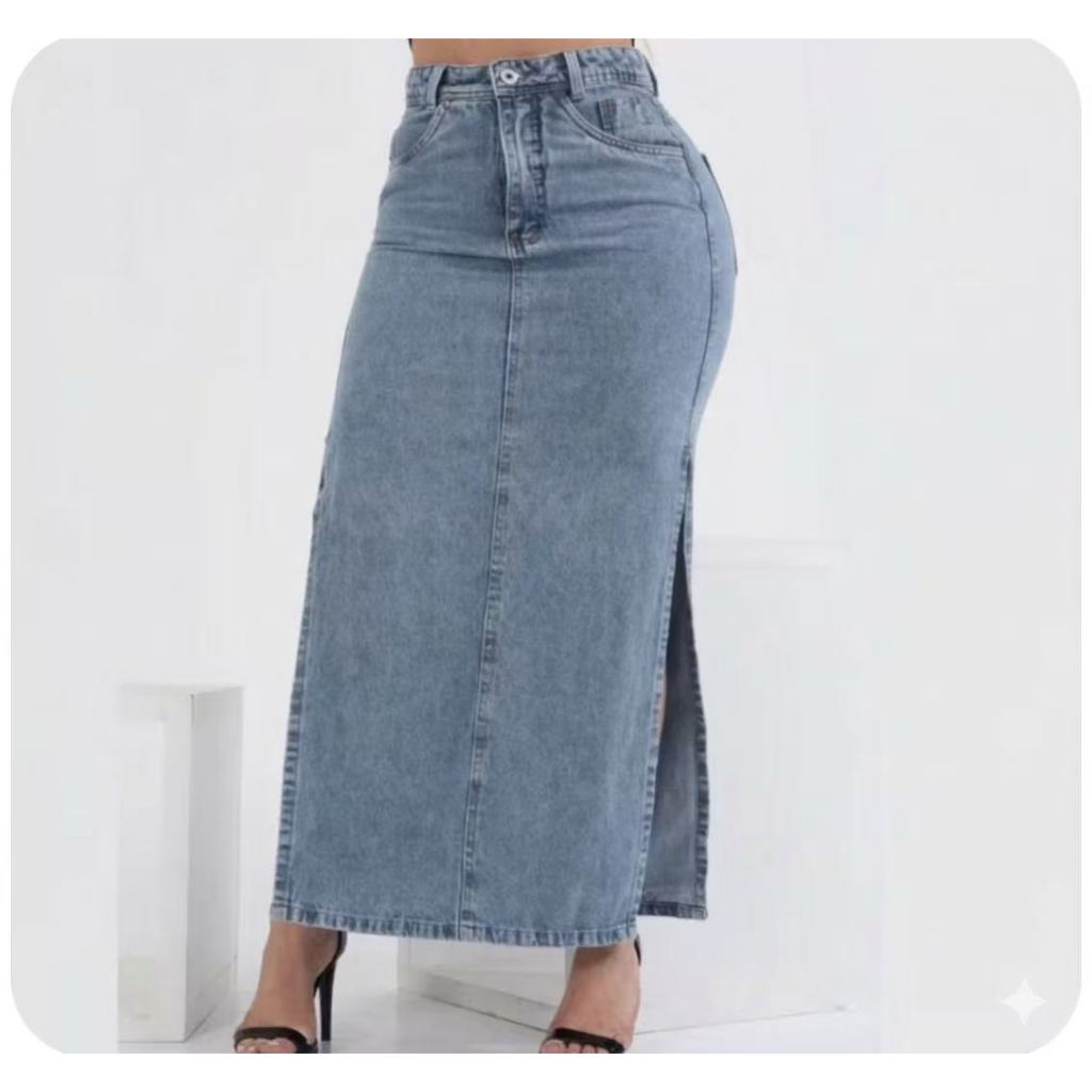 Saia Longa Jeans Abertura Lateral Cintura Alta em Oferta na Shopee