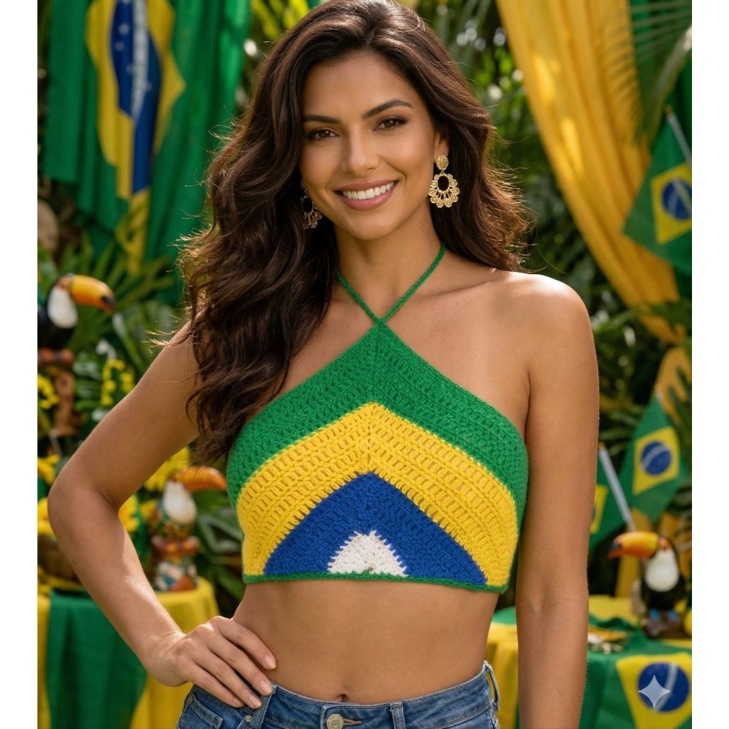 Cropped Top de Crochê Feminino Moda Verão Topinho Triangulo Com Amarração Copa Do Mundo Brasil 2026 em Oferta na Shopee