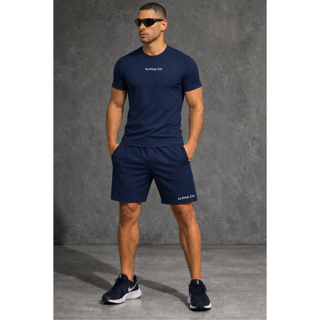 KIT Camiseta + Short Tactel Elastano Bermuda Dry Fit Masculina Alpha Co Lobo Wolf Geometrico Academia Original
