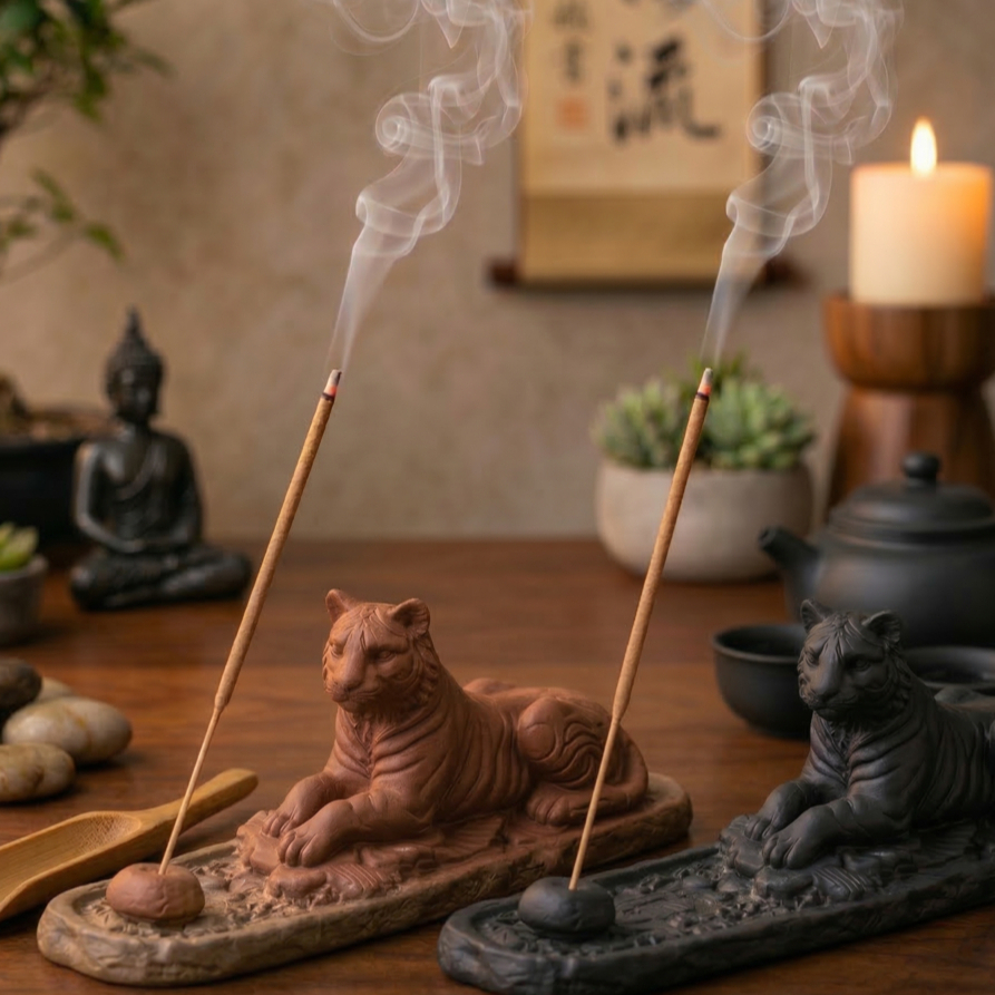 Imagem Porta Incenso Incensário Tigre Decoração Zen Yoga Meditação Aromaterapia Cascata Fumaça Cores Kit