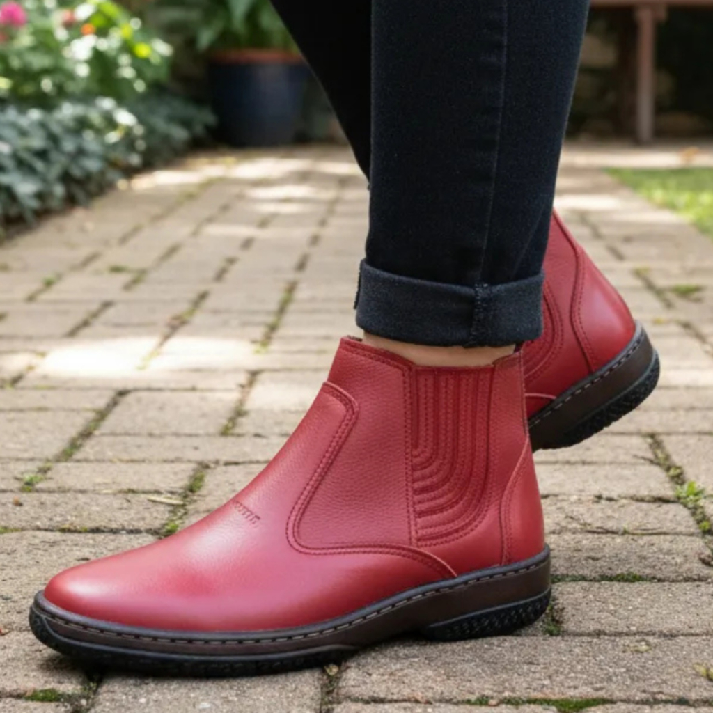 Bota Casual Feminina Couro Legitimo Cor Vermelha Botina Country Social Leve Macia Couro Legitimo Solado Costurado 2520
