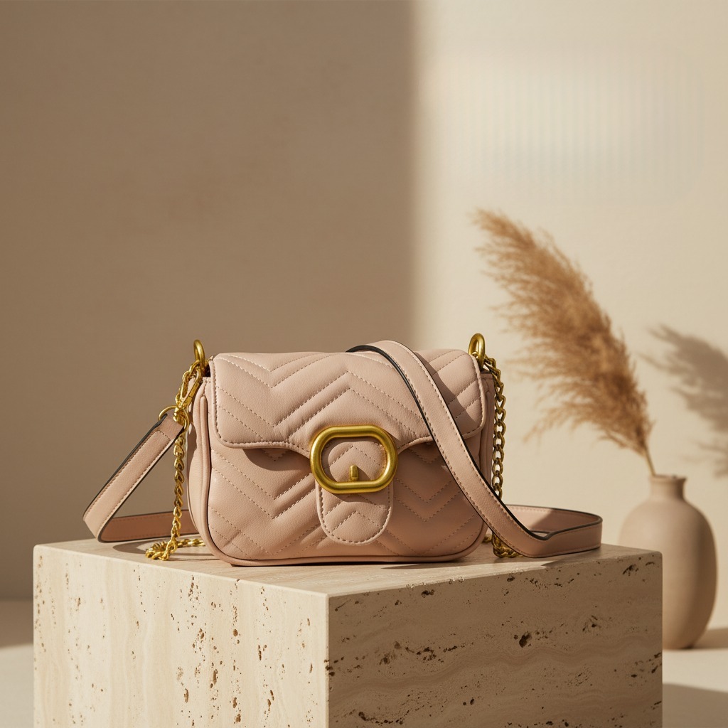 Bolsa Feminina Tiracolo Pequena Matelassê Elegante com Corrente Dourada Couro PU Bolsa de Ombro Casual Moda Dia a Dia