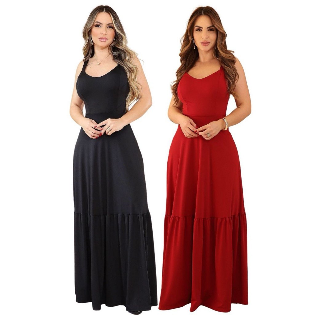 KIT 2 Vestido Longo Feminino Alça Malha Lisa Confortável Elegante Soltinho Verão
