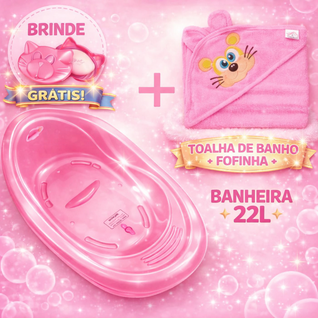 Kit Toalha Infantil + Banheira de Bebe 20L + Saboneteira GNT Premium