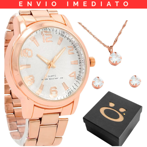 Kit Relógio Feminino Rosé Analógico + Colar Pingente Strass e Brincos