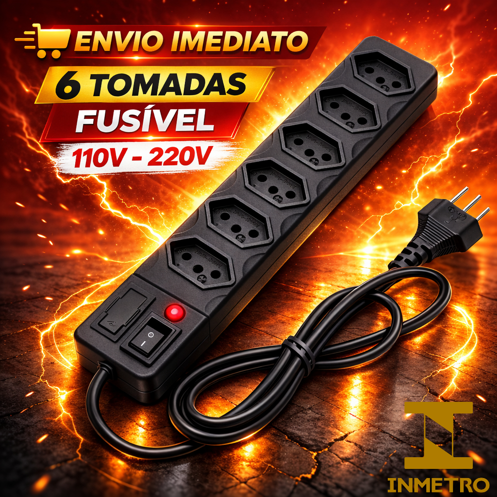 FILTRO DE LINHA RÉGUA 3/ 6 TOMADAS COM FUSÍVEL INMETRO KIT 2 UNIDADES EXTENSÃO ELÉTRICA BIVOLT PRETA