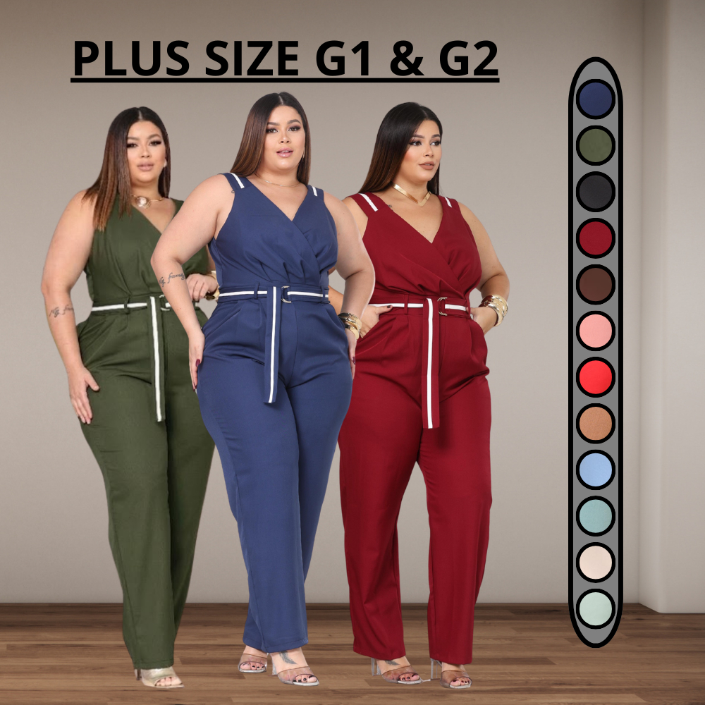 Macacão Feminino Plus Size com cinto Elegante alfaitaria