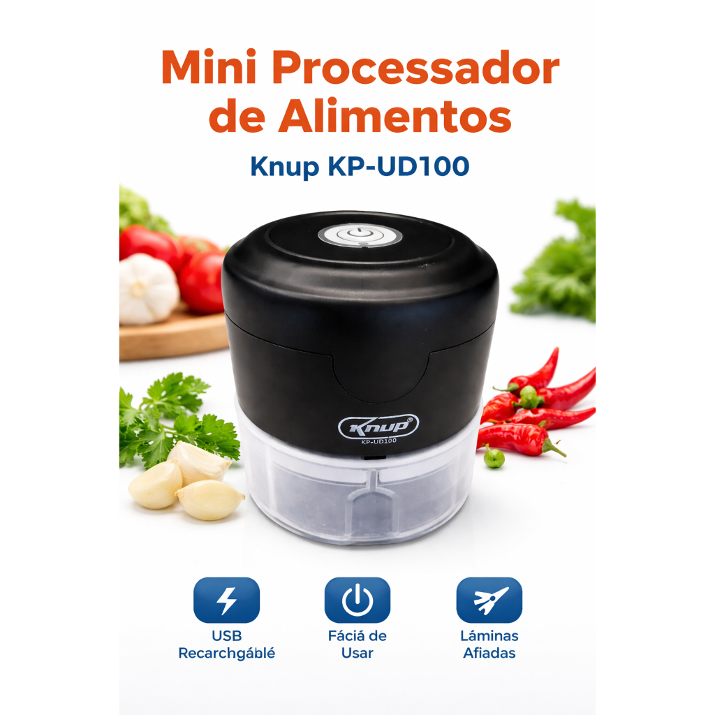 Mini Processador de Alimentos Knup KP-UD100 USB Recarregável –Alho, Legumes e Tempero