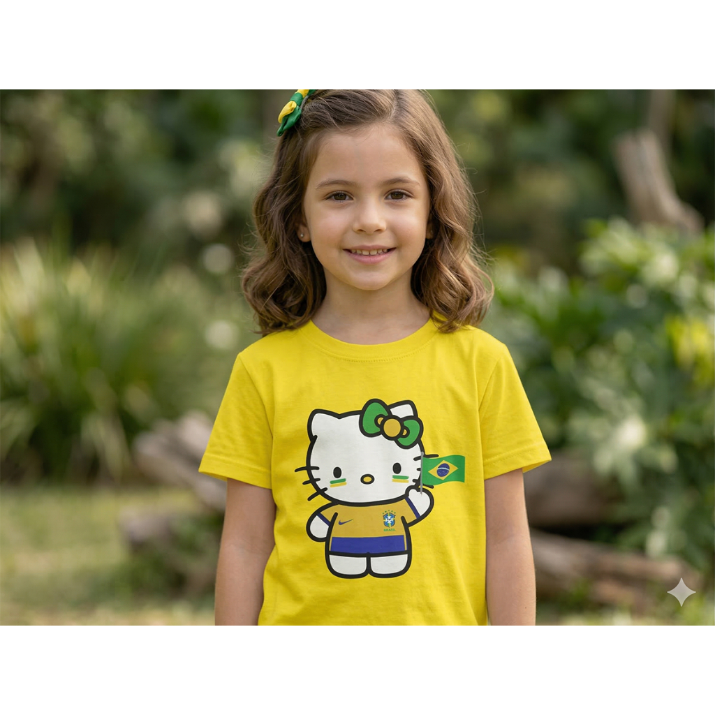 Camiseta Infantil Hello Kitty Brasil Copa Gata Fofa Kawaii Menina Algodão Moda Conforto Envio Rápido