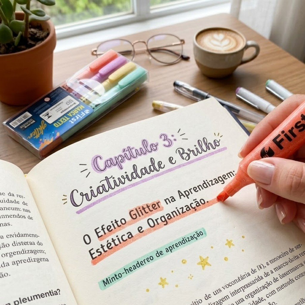 Marca Texto Com Glitter Kit 4 Cores Tons Pastel First Escolar Caderno Inteligente Lettering