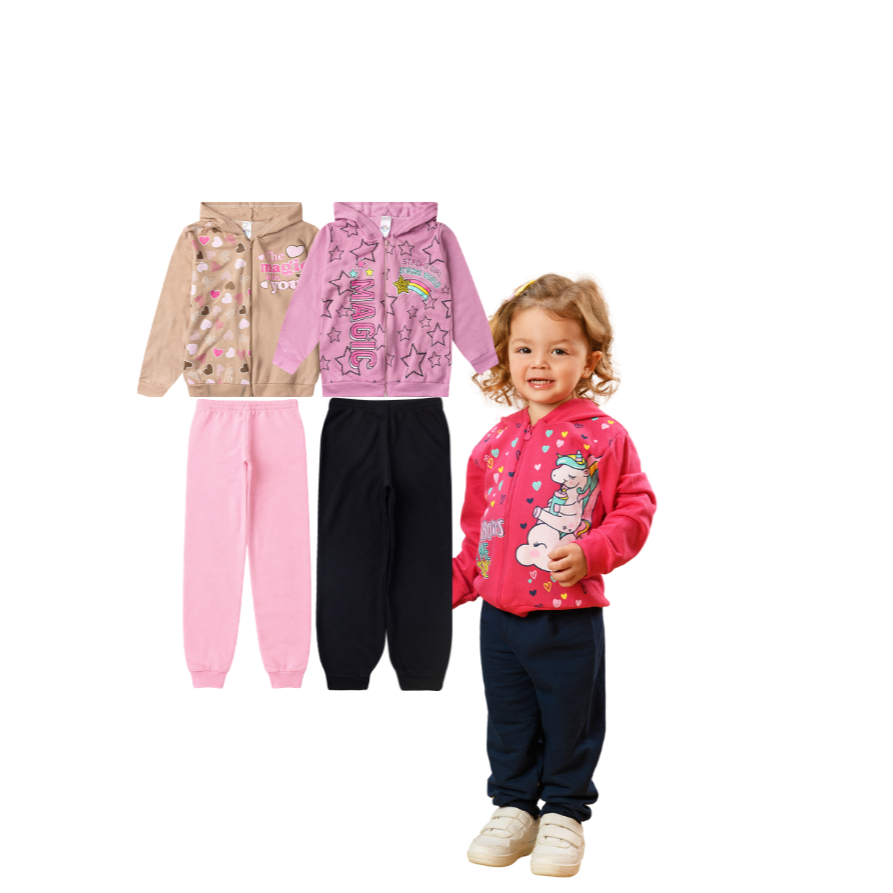 Kit 4 Peças Conjunto Moletom Feminino/Menina Infantil e Juvenil - Casaco com Capuz e Calça Inverno