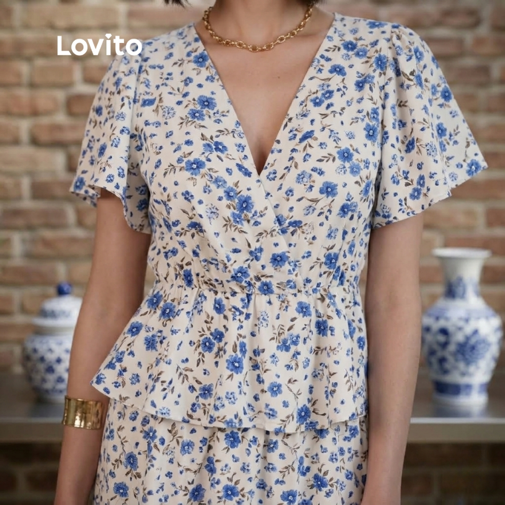 Lovito Blusa Floral Elegante Manga Bufante Curta Decote C com Transpasse Moda Feminina f BLB16281658