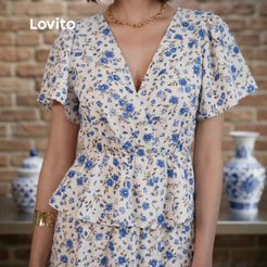 Lovito Blusa Floral Elegante Manga Bufante Curta Decote C com Transpasse Moda Feminina f BLB16281658