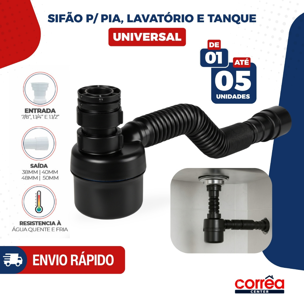 Sifão Copo Universal Sanfonado Preto – Para Pia, Lavatório e Tanque – 1, 2 ou 5 Unidades