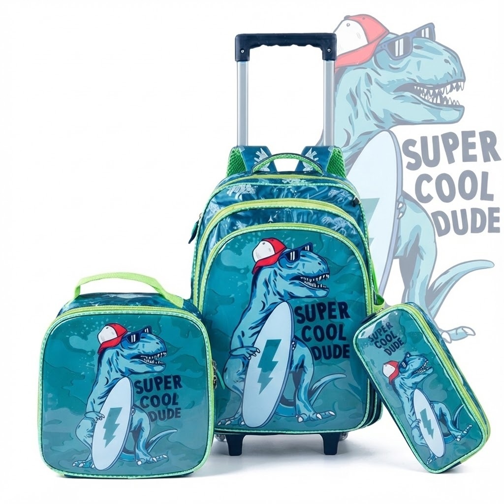 Kit Mochila Rodinha Menino Dinossauro Impermeável Lancheira Térmica Estojo Escolar Grande em Oferta na Shopee
