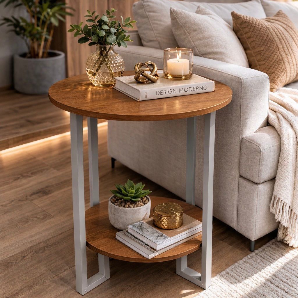 Mesa Apoio Redonda 2 Tampos MDF com Pés de Metal Champanhe – Mesa de Apoio Moderna Sala/Quarto