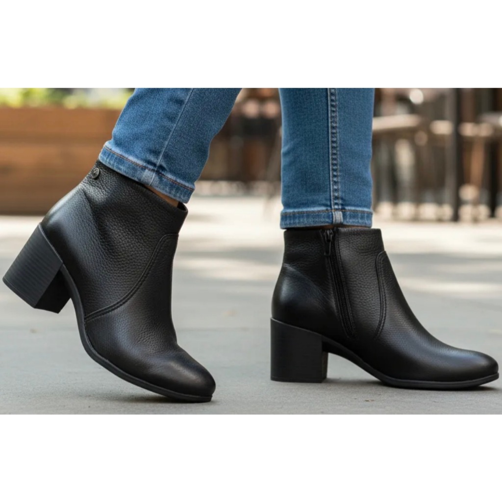 Bota Feminina Cano Baixo Bottero Couro Macio Salto Bloco Zíper 346901