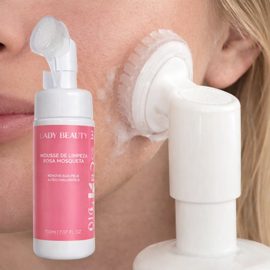 Mousse de Limpeza Facial Rosa Mosqueta 150ml Lady Beauty Hidratante Clareador Antiacne Pele Oleosa e Sensível Skincare