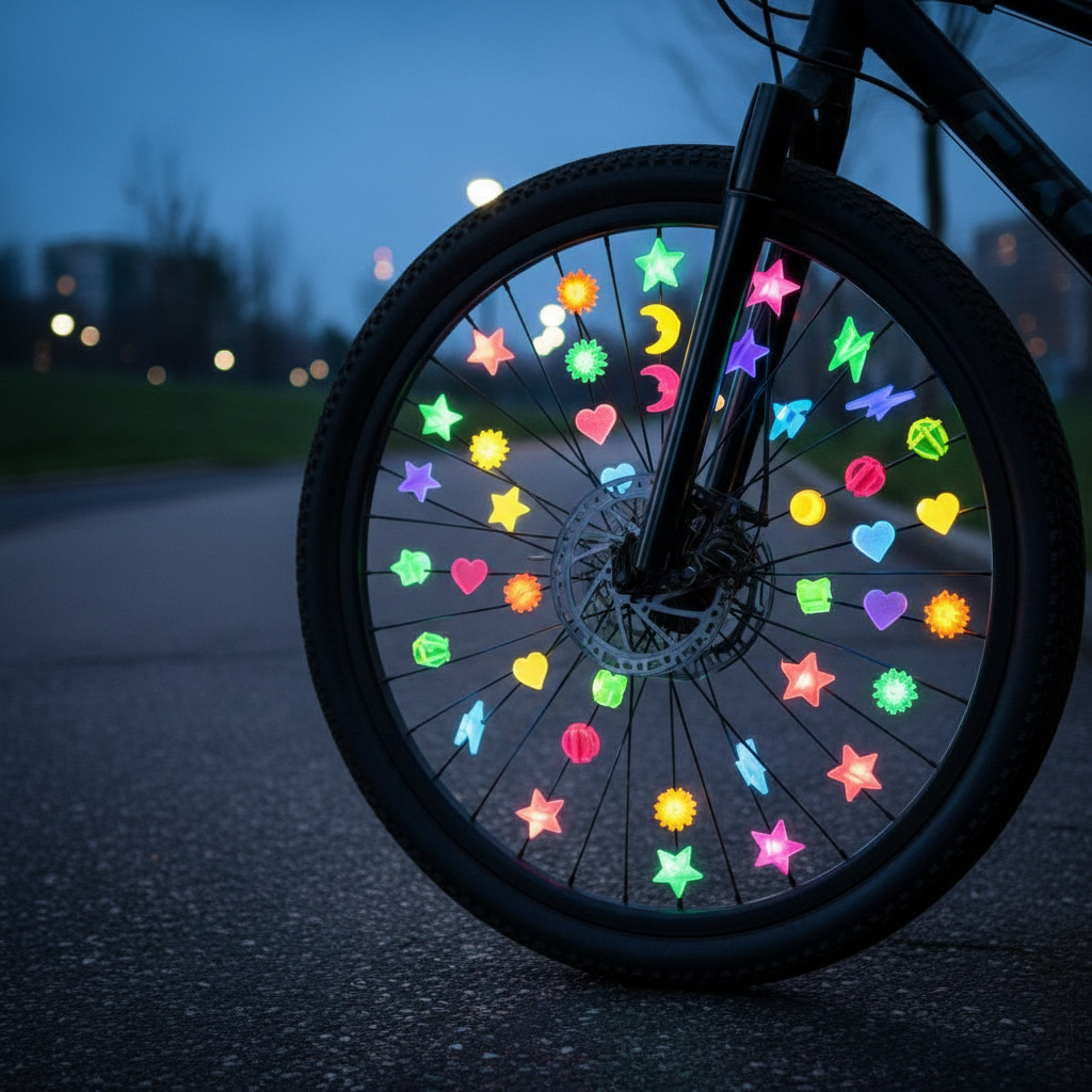 Kit 144 Contas Para Raio Bicicleta Infantil Refletor Fluorescente – 4 Modelos Coração Sol Raio Cubo Decoração Bike