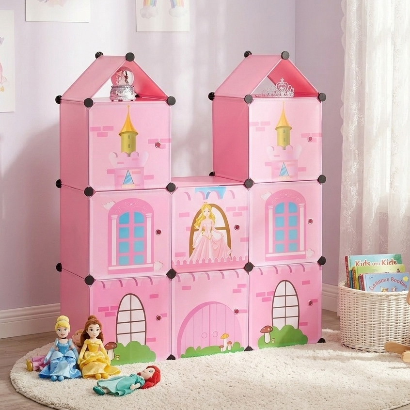 Guarda-Roupa Infantil Modular Castelo Organizador Brinquedos e Roupas 9 Cubos Rosa