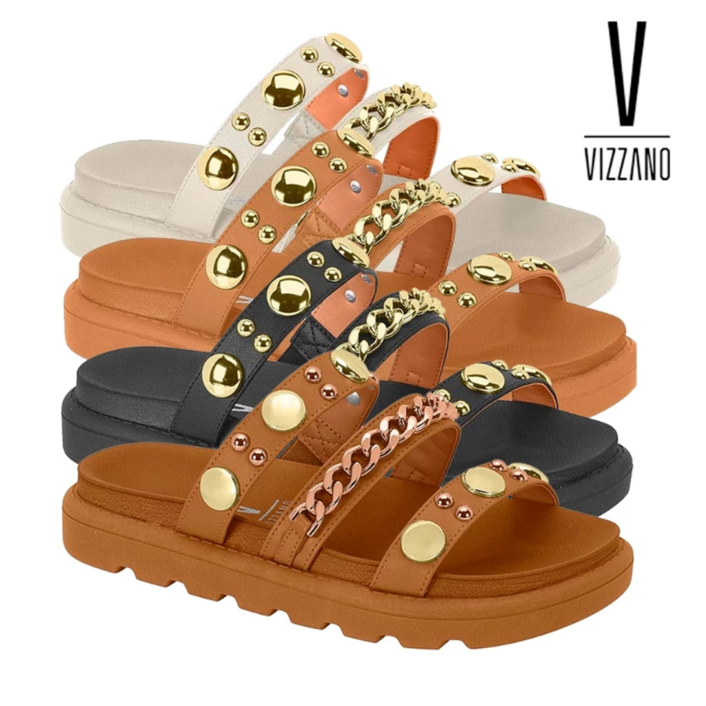 Sandália Papete Feminina Birken Vizzano Flatform Detalhes Dourado Confortável