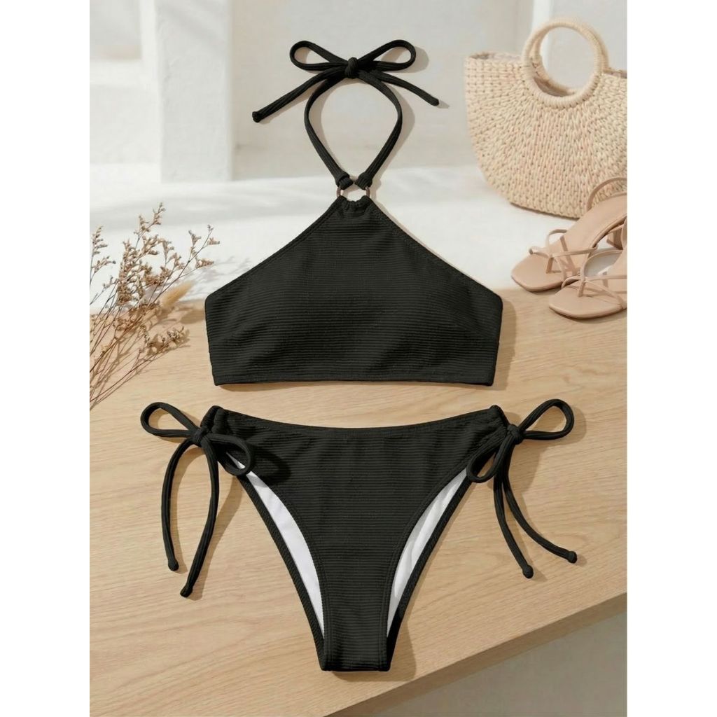 Bíquini Juvenil Top Argola parte de Baixo com Ajuste Lateral Básico Estampa Lisa Forrado para meninas Adolescentes Verão