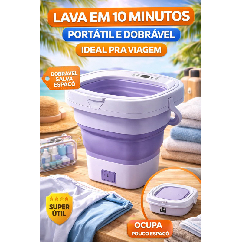 Mini Máquina de Lavar Portátil Dobrável Lava Roupas Rápido 10min Viagem Camping