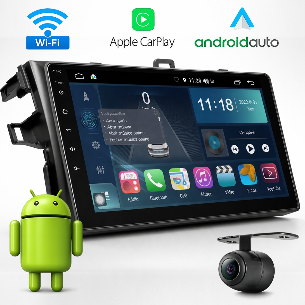 KIT MULTIMÍDIA 9POL ANDROID AUTO CARPLAY P/ COROLLA 2008 2009 2010 2011 2012 2013 + MOLDURA + CAMERA