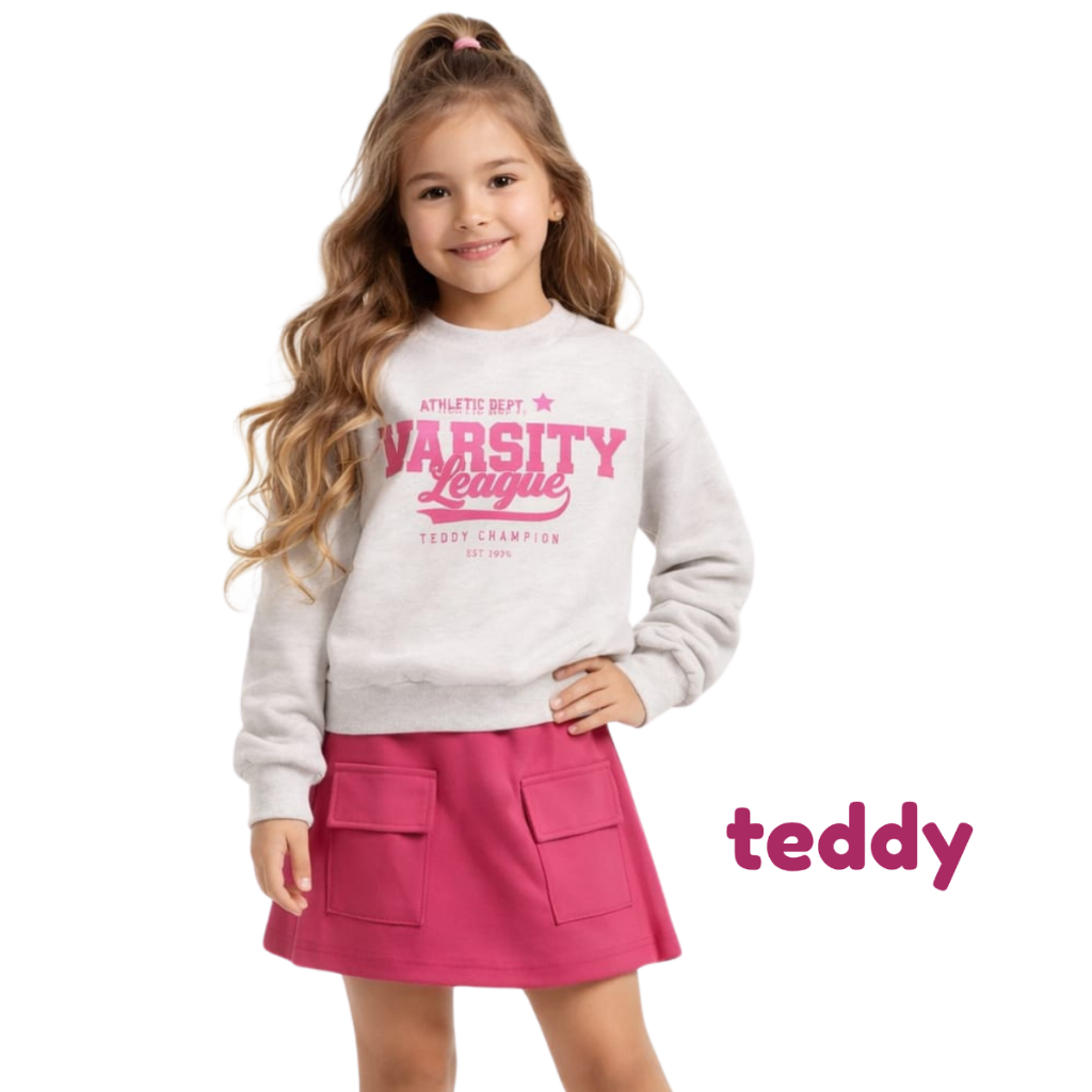 Conjunto infantil menina c/ casaco e shorts saia em moletom flanelado Teddy tamanho 6 ao 12 18052