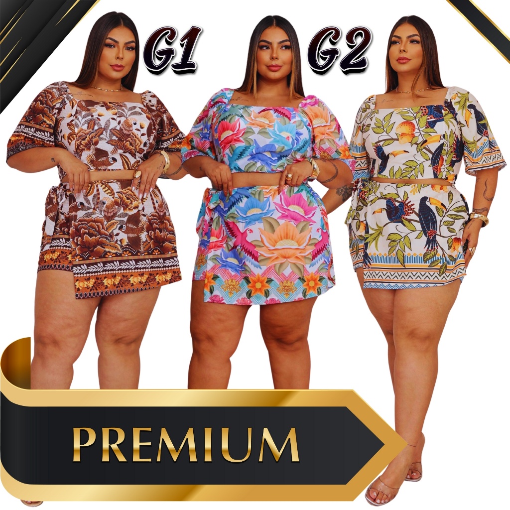 Conjunto Plus Size Verão Tropical Floral | Short Saia + Cropped | Estampa Exclusiva G1 G2 Moda Gringa