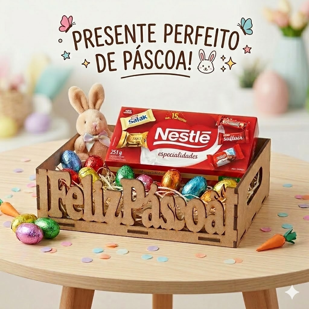 Bandeja Feliz Páscoa MDF Cru Caixote Cesto Presentes Ovo de Pascoa Porta Caixa Bombom Cesta Coelho