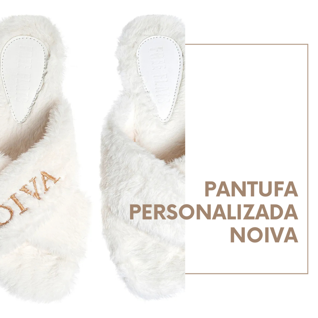 Chinelo Pantufa Rasteira Tiras Cruzadas de Pelúcia Importada Confortável Bordado Noiva
