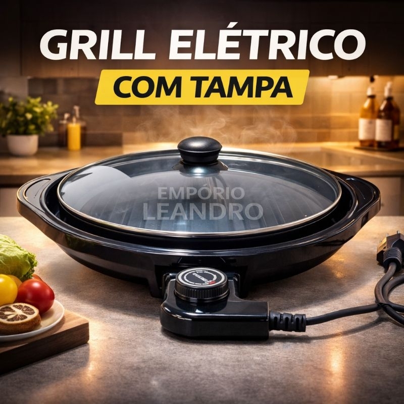 Grill Elétrico Redondo com Tampa · Antiaderente com Termostato