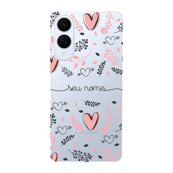 Capinha para Samsung S25 Edge Anti Impacto Personalizada - Coração e Folhas rose com nome