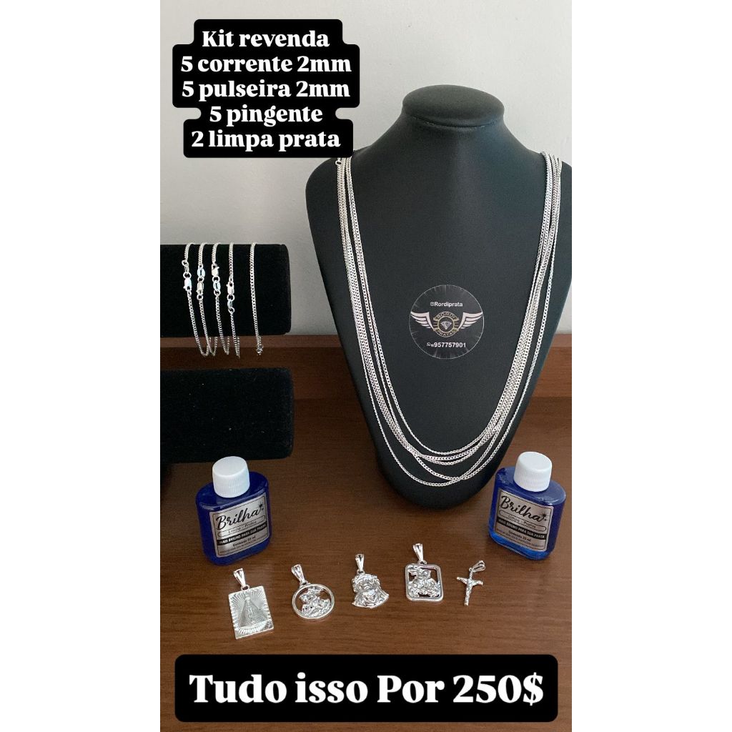 KIT REVENDA 17 PECAS CORRENTE E PULSIERA + PINGENTE 2 LIMPA PRATA