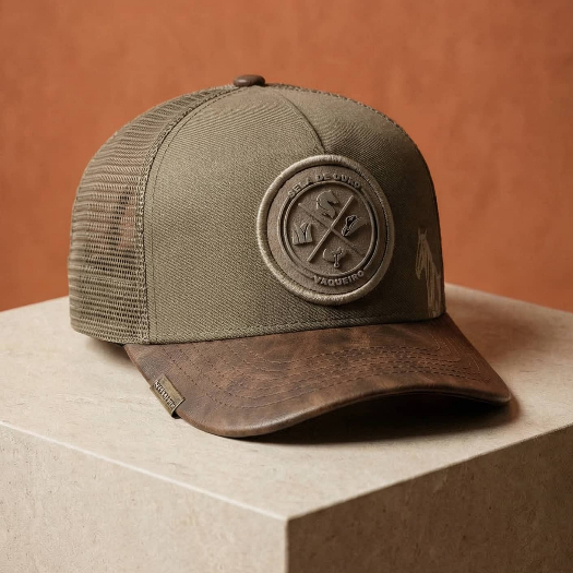 Boné Country Trucker Sela De Ouro Bordado Vaqueiro Masculino Aba Curva Em Couro Snapback com Cavalo Premium