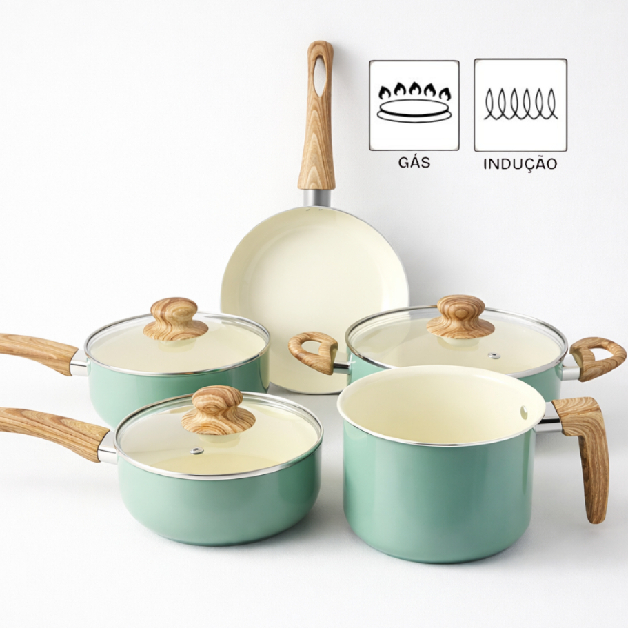 Conjunto Jogo de Panelas Cerâmica 5 Peças Indução Antiaderente Tampa Vidro Panela Frigideira