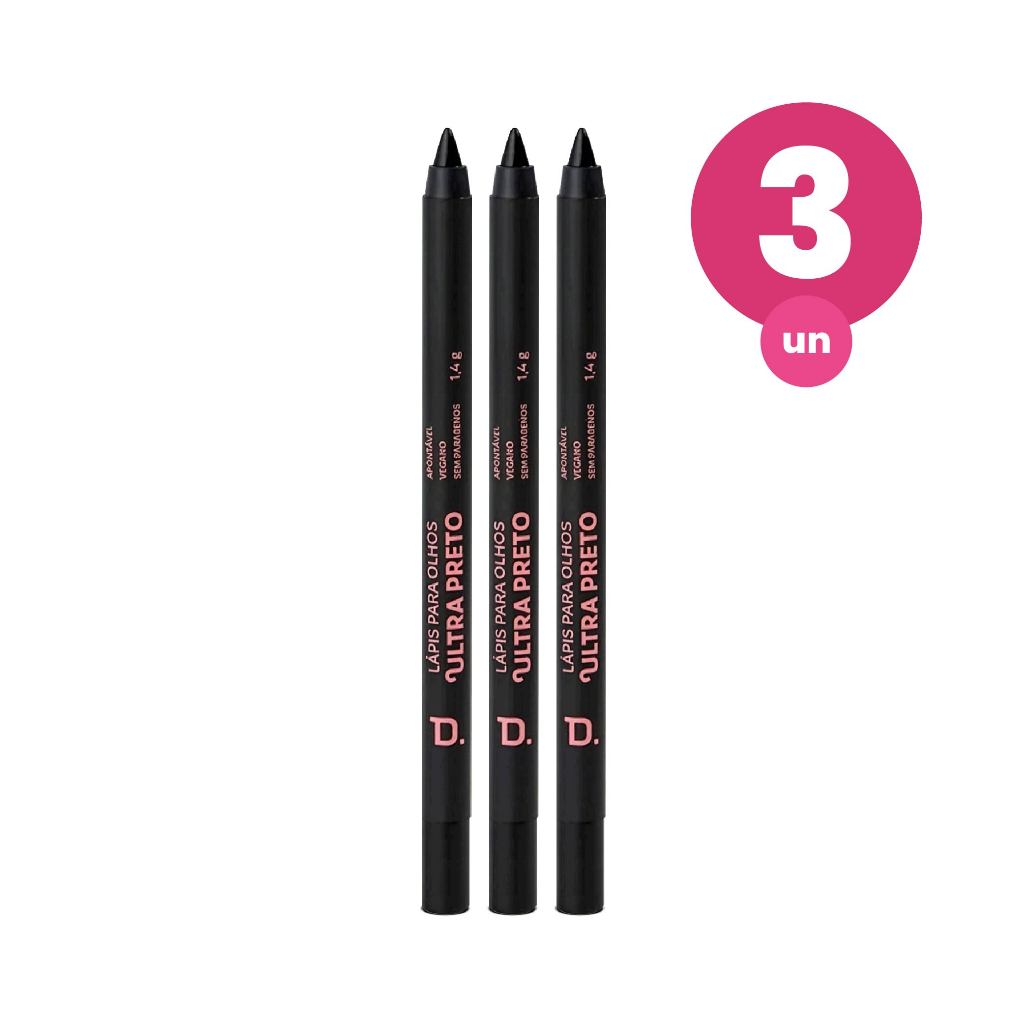 Kit 3 Lápis para Olhos Dailus Ultra Preto Vegano e Apontável com Alta Pigmentação e Resistente a Água