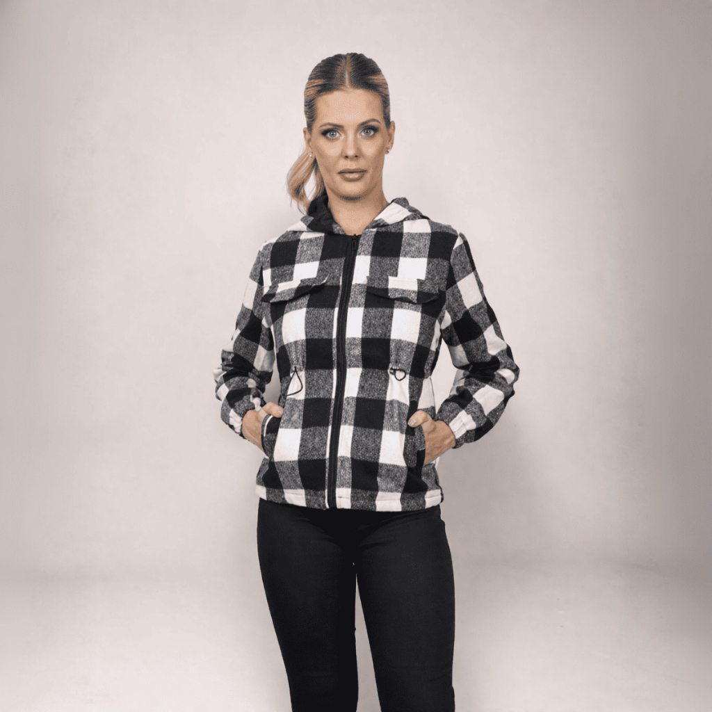 Casaco de Lã Batida Feminino Forro em Nylon Quente Jaqueta Térmica de Inverno com Capuz