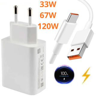Carregador 120W 33W 67W Para Xiaomi Note 13 Mi8 Mi9 Poco F3 X3 Pro X4 X5 Carregador Turbo Tipo C Cabo USB + Cabo Tipo C