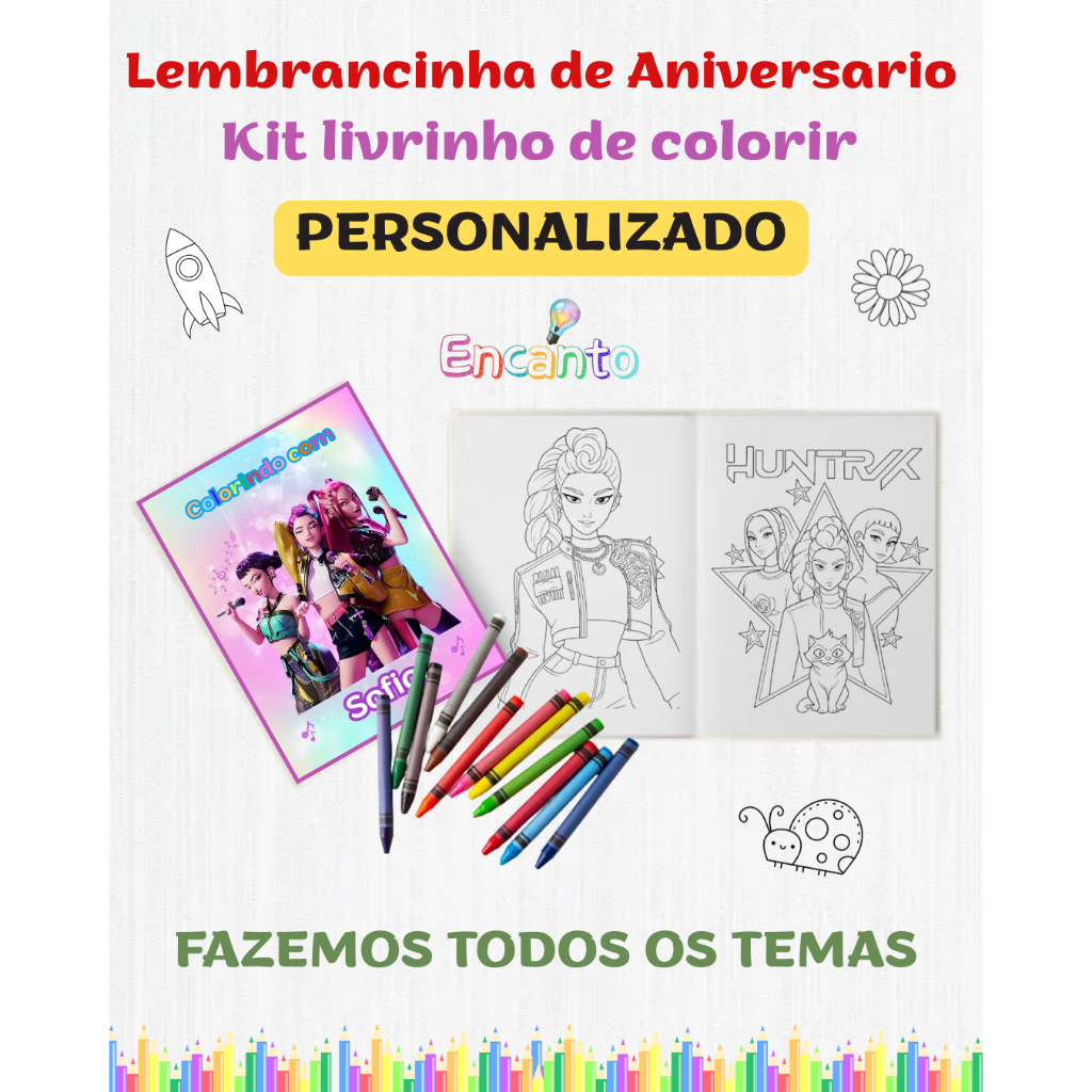 Livrinho de colorir Huntrix Guerreiras do K-pop kit com 10, PERSONALIZADO lembrancinha de aniversário