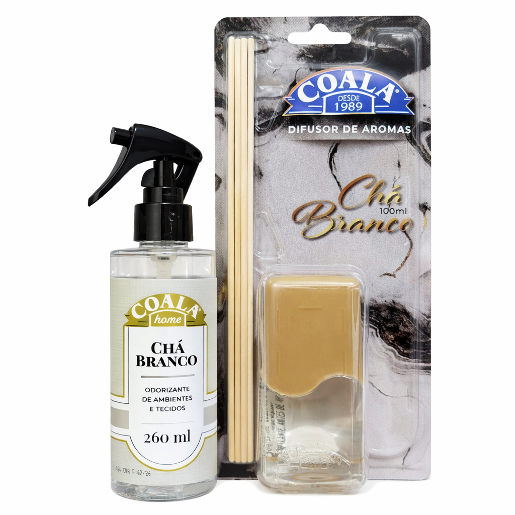 Kit Coala Chá Branco Difusor 100ml + Spray Tecido Odorizante de Ambientes 260ml | Perfume Casa e Elimina Odores