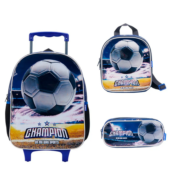 🎒 Mala com Rodas 16 Infantil Futebol Lancheira Estojo Xeryus Escolar Criança Menino Viagem