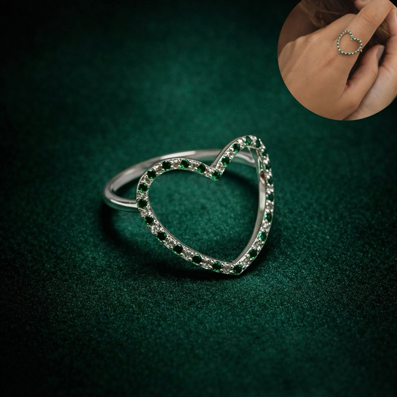 Anel Coração Vazado Cravejado Verde Esmeralda em Prata 925 Anel Feminino Romântico Elegante em Oferta na Shopee